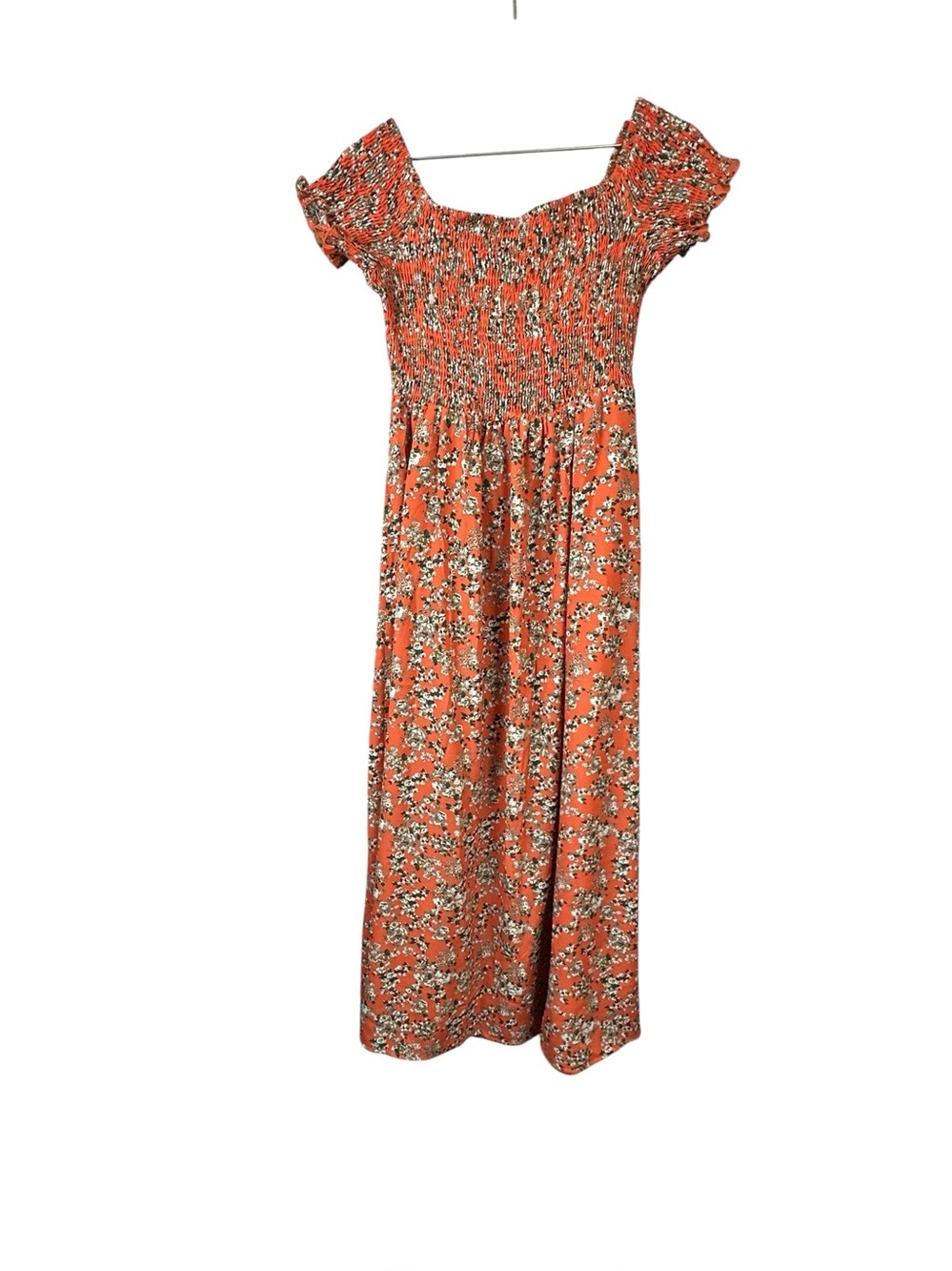 Shein Smocked Orange Floral Maxi Dress Women Sz L
